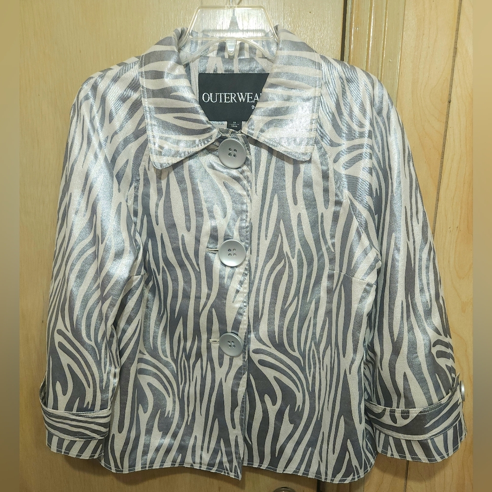 Outerwear By Lisa Jacket Womens Size Med Shiney Silver & White Zebra Stripes